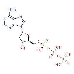ChemSpider 2D Image | 9-{2-Deoxy-5-O-[(R)-hydroxy{[(R)-hydroxy(phosphonooxy)phosphoryl]oxy}phosphorothioyl]-alpha-L-erythro-pentofuranosyl}-9H-purin-6-amine | C10H16N5O11P3S