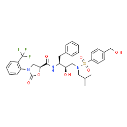 ChemSpider 2D Image | (5S)-N-{(2S,3R)-3-Hydroxy-4-[{[4-(hydroxymethyl)phenyl]sulfonyl}(isobutyl)amino]-1-phenyl-2-butanyl}-2-oxo-3-[2-(trifluoromethyl)phenyl]-1,3-oxazolidine-5-carboxamide | C32H36F3N3O7S