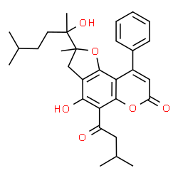 ChemSpider 2D Image | 4-Hydroxy-2-(2-hydroxy-5-methyl-2-hexanyl)-2-methyl-5-(3-methylbutanoyl)-9-phenyl-2,3-dihydro-7H-furo[2,3-f]chromen-7-one | C30H36O6