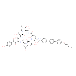 ChemSpider 2D Image | N-{(2R,6S,9S,11R,12R,14aS,15S,16S,20S,23S,25aS)-23-[(1S,2S)-1,2-Dihydroxy-2-(4-hydroxyphenyl)ethyl]-2,11,12,15-tetrahydroxy-6,20-bis[(1R)-1-hydroxyethyl]-16-methyl-5,8,14,19,22,25-hexaoxotetracosahydr
o-1H-dipyrrolo[2,1-c:2',1'-l][1,4,7,10,13,16]hexaazacyclohenicosin-9-yl}-4''-(pentyloxy)-1,1':4',1''-terphenyl-4-(~14~C)carboxamide | C5714CH73N7O17