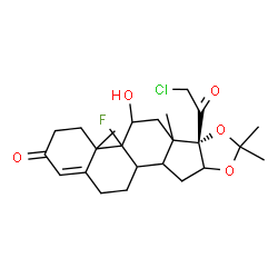 ChemSpider 2D Image | (6bS)-6b-(Chloroacetyl)-4b-fluoro-5-hydroxy-4a,6a,8,8-tetramethyl-3,4,4a,4b,5,6,6a,6b,9a,10,10a,10b,11,12-tetradecahydro-2H-naphtho[2',1':4,5]indeno[1,2-d][1,3]dioxol-2-one | C24H32ClFO5