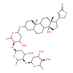 ChemSpider 2D Image | (5beta,8xi,9xi,10alpha,14alpha,17xi)-3-{[2,6-Dideoxy-alpha-L-glycero-hexopyranosyl-(1->4)-2,6-dideoxy-alpha-L-glycero-hexopyranosyl-(1->4)-2,6-dideoxy-beta-L-glycero-hexopyranosyl]oxy}-14-hydroxycard-
20(22)-enolide | C41H64O13