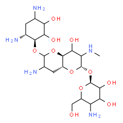 ChemSpider 2D Image | (2S,4aS,8aR)-7-Amino-6-{[(1S,6R)-4,6-diamino-2,3-dihydroxycyclohexyl]oxy}-4-hydroxy-3-(methylamino)octahydropyrano[3,2-b]pyran-2-yl (1S)-4-amino-4-deoxyhexopyranoside | C21H41N5O11