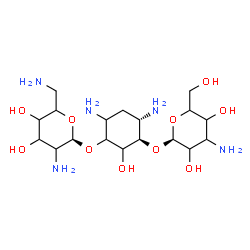 ChemSpider 2D Image | (3R,4S)-4,6-Diamino-3-{[(1S)-3-amino-3-deoxyhexopyranosyl]oxy}-2-hydroxycyclohexyl (1S)-2,6-diamino-2,6-dideoxyhexopyranoside | C18H37N5O10