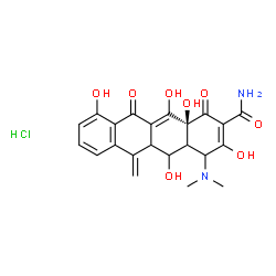 ChemSpider 2D Image | (12aS)-4-(Dimethylamino)-3,5,10,12,12a-pentahydroxy-6-methylene-1,11-dioxo-1,4,4a,5,5a,6,11,12a-octahydro-2-tetracenecarboxamide hydrochloride (1:1) | C22H23ClN2O8