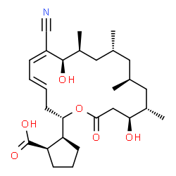 ChemSpider 2D Image | (1R)-2-[(2S,4E,6Z,8R,9S,11R,13S,15S,16S)-7-Cyano-8,16-dihydroxy-9,11,13,15-tetramethyl-18-oxooxacyclooctadeca-4,6-dien-2-yl]cyclopentanecarboxylic acid | C28H43NO6