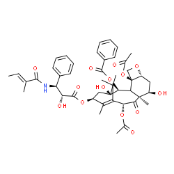 ChemSpider 2D Image | (2alpha,3xi,5beta,7alpha,10beta,13alpha)-4,10-Diacetoxy-1,7-dihydroxy-13-{[(2R,3S)-2-hydroxy-3-{[(2E)-2-methyl-2-butenoyl]amino}-3-phenylpropanoyl]oxy}-9-oxo-5,20-epoxytax-11-en-2-yl benzoate | C45H53NO14