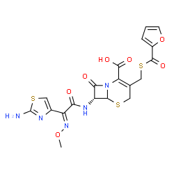 ChemSpider 2D Image | (7R)-7-{[(2E)-2-(2-Amino-1,3-thiazol-4-yl)-2-(methoxyimino)acetyl]amino}-3-[(2-furoylsulfanyl)methyl]-8-oxo-5-thia-1-azabicyclo[4.2.0]oct-2-ene-2-carboxylic acid | C19H17N5O7S3