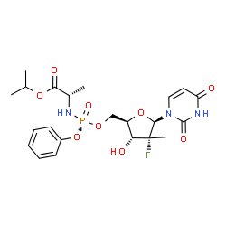 ChemSpider 2D Image | Isopropyl (2S)-2-{[(R)-{[(2R,3R,4R,5R)-5-(2,4-dioxo-3,4-dihydro-1(2H)-pyrimidinyl)-4-fluoro-3-hydroxy-4-methyltetrahydro-2-furanyl]methoxy}(phenoxy)phosphoryl]amino}propanoate | C22H29FN3O9P