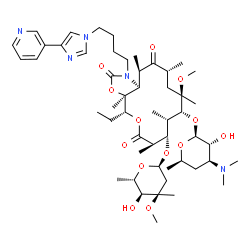 ChemSpider 2D Image | (3aS,4R,7R,8S,9S,10R,11R,13R,15R,15aS)-4-Ethyl-11-methoxy-3a,7,9,11,13,15-hexamethyl-2,6,14-trioxo-1-{4-[4-(3-pyridinyl)-1H-imidazol-1-yl]butyl}-10-{[3,4,6-trideoxy-3-(dimethylamino)-beta-D-xylo-hexop
yranosyl]oxy}tetradecahydro-2H-oxacyclotetradecino[4,3-d][1,3]oxazol-8-yl 2,6-dideoxy-3-C-methyl-3-O-methyl-alpha-L-ribo-hexopyranoside | C51H81N5O13