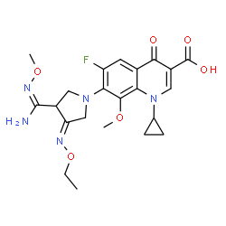 ChemSpider 2D Image | 1-Cyclopropyl-7-[(3Z)-3-(ethoxyimino)-4-(N-methoxycarbamimidoyl)-1-pyrrolidinyl]-6-fluoro-8-methoxy-4-oxo-1,4-dihydro-3-quinolinecarboxylic acid | C22H26FN5O6