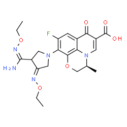 ChemSpider 2D Image | (3S)-10-[(4Z)-3-(N-Ethoxycarbamimidoyl)-4-(ethoxyimino)-1-pyrrolidinyl]-9-fluoro-3-methyl-7-oxo-2,3-dihydro-7H-[1,4]oxazino[2,3,4-ij]quinoline-6-carboxylic acid | C22H26FN5O6