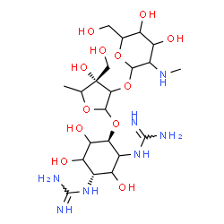 ChemSpider 2D Image | 1,1'-[(1S,4S)-4-({5-Deoxy-2-O-[2-deoxy-2-(methylamino)hexopyranosyl]-3-C-(hydroxymethyl)-L-glycero-pentofuranosyl}oxy)-2,5,6-trihydroxy-1,3-cyclohexanediyl]diguanidine | C21H41N7O12