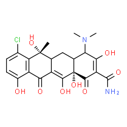 ChemSpider 2D Image | (6R,12aS)-7-Chloro-4-(dimethylamino)-3,6,10,12,12a-pentahydroxy-6-methyl-1,11-dioxo-1,4,4a,5,5a,6,11,12a-octahydro-2-tetracenecarboxamide | C22H23ClN2O8