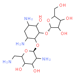 ChemSpider 2D Image | 4,6-Diamino-3-hydroxy-2-[(1S)-pentofuranosyloxy]cyclohexyl (1S)-2,6-diamino-2,6-dideoxyhexopyranoside | C17H34N4O10