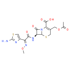 ChemSpider 2D Image | (7S)-3-(Acetoxymethyl)-7-{[(2E)-2-(2-amino-1,3-thiazol-4-yl)-2-(methoxyimino)acetyl]amino}-8-oxo-5-thia-1-azabicyclo[4.2.0]oct-2-ene-2-carboxylic acid | C16H17N5O7S2