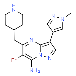 ChemSpider 2D Image | 6-Bromo-3-(1-methyl-1H-pyrazol-4-yl)-5-(4-piperidinylmethyl)pyrazolo[1,5-a]pyrimidin-7-amine | C16H20BrN7