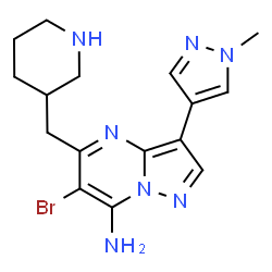 ChemSpider 2D Image | 6-Bromo-3-(1-methyl-1H-pyrazol-4-yl)-5-(3-piperidinylmethyl)pyrazolo[1,5-a]pyrimidin-7-amine | C16H20BrN7