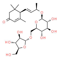 ChemSpider 2D Image | (2R,3E)-4-[(1R)-2,6,6-Trimethyl-4-oxo-2-cyclohexen-1-yl]-3-buten-2-yl 6-O-alpha-L-arabinofuranosyl-beta-D-glucopyranoside | C24H38O11