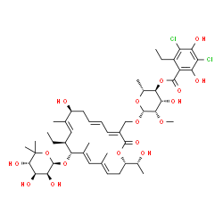 ChemSpider 2D Image | (2R,3S,4S,5S,6R)-6-{[(3E,5E,8S,9E,11S,12R,13E,15E,18S)-11-Ethyl-8-hydroxy-18-[(1R)-1-hydroxyethyl]-9,13,15-trimethyl-2-oxo-12-{[(2R,3S,4S,5S)-3,4,5-trihydroxy-6,6-dimethyltetrahydro-2H-pyran-2-yl]oxy}
oxacyclooctadeca-3,5,9,13,15-pentaen-3-yl]methoxy}-4-hydroxy-5-methoxy-2-methyltetrahydro-2H-pyran-3-yl 3,5-dichloro-2-ethyl-4,6-dihydroxybenzoate | C48H68Cl2O17
