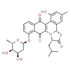 ChemSpider 2D Image | (1S,3aS)-7-Hydroxy-1-isobutyl-5-methyl-2,8,13-trioxo-1,2,8,13-tetrahydro-3aH-benzo[b][1,3]oxazolo[3,2-f]phenanthridin-12-yl 2,6-dideoxy-alpha-L-ribo-hexopyranoside | C30H31NO9
