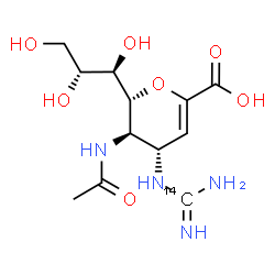 ChemSpider 2D Image | (6R)-5-Acetamido-2,6-anhydro-4-(~14~C)carbamimidamido-3,4,5-trideoxy-6-[(1R,2R)-1,2,3-trihydroxypropyl]-L-threo-hex-2-enonic acid | C1114CH20N4O7