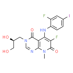 ChemSpider 2D Image | 3-[(2S)-2,3-Dihydroxypropyl]-6-fluoro-5-[(2-fluoro-4-iodophenyl)amino]-8-methylpyrido[2,3-d]pyrimidine-4,7(3H,8H)-dione | C17H15F2IN4O4