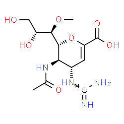 ChemSpider 2D Image | (6R)-5-Acetamido-2,6-anhydro-4-(~14~C)carbamimidamido-3,4,5-trideoxy-6-[(1R,2R)-2,3-dihydroxy-1-methoxypropyl]-L-threo-hex-2-enonic acid | C1214CH22N4O7