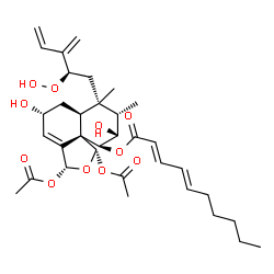 ChemSpider 2D Image | (1S,3R,5R,6aS,7S,8S,9R,10S,10aS)-1,3-Diacetoxy-7-[(2R)-2-hydroperoxy-3-methylene-4-penten-1-yl]-5,9-dihydroxy-7,8-dimethyl-3,5,6,6a,7,8,9,10-octahydronaphtho[1,8a-c]furan-10-yl (2E,4E)-2,4-decadienoat
e | C34H48O11