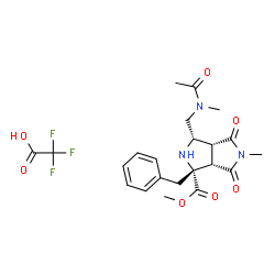 ChemSpider 2D Image | Methyl (1R,3S,3aR,6aS)-3-{[acetyl(methyl)amino]methyl}-1-benzyl-5-methyl-4,6-dioxooctahydropyrrolo[3,4-c]pyrrole-1-carboxylate trifluoroacetate (1:1) | C22H26F3N3O7