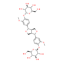 ChemSpider 2D Image | 4-{(1S,3aR,4S,6aR)-4-[4-(beta-D-Glucopyranosyloxy)-3-methoxyphenyl]tetrahydro-1H,3H-furo[3,4-c]furan-1-yl}-2-methoxyphenyl alpha-D-glucopyranoside | C32H42O16