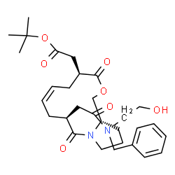 ChemSpider 2D Image | 2-Methyl-2-propanyl [(4S,6Z,9S,14aS)-9-{2-[benzyl(2-hydroxyethyl)amino]-2-oxoethyl}-3,10-dioxo-3,4,5,8,9,10,12,13,14,14a-decahydro-1H-pyrrolo[2,1-c][1,4]oxazacyclododecin-4-yl]acetate | C30H42N2O7