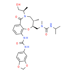 ChemSpider 2D Image | 1-(1,3-Benzodioxol-5-yl)-3-[(2S,3S)-5-[(2R)-1-hydroxy-2-propanyl]-2-{[(isopropylcarbamoyl)(methyl)amino]methyl}-3-methyl-6-oxo-3,4,5,6-tetrahydro-2H-1,5-benzoxazocin-10-yl]urea | C28H37N5O7