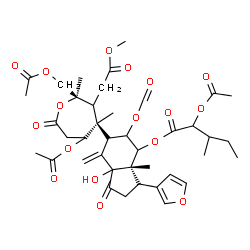 ChemSpider 2D Image | (3R,3aS,6S)-6-[(2R,4R,5S)-5-Acetoxy-2-(acetoxymethyl)-3-(2-methoxy-2-oxoethyl)-2,4-dimethyl-7-oxo-4-oxepanyl]-5-(formyloxy)-3-(3-furyl)-7a-hydroxy-3a-methyl-7-methylene-1-oxooctahydro-1H-inden-4-yl 2-
acetoxy-3-methylpentanoate | C40H52O17