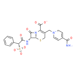 ChemSpider 2D Image | (6R,7R)-3-[(4-Carbamoyl-1-pyridiniumyl)methyl]-8-oxo-7-{[(2R)-2-phenyl-2-sulfonatoacetyl]amino}-5-thia-1-azabicyclo[4.2.0]oct-2-ene-2-carboxylate | C22H19N4O8S2