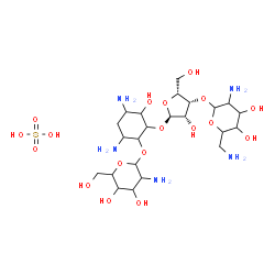 ChemSpider 2D Image | 4,6-Diamino-2-{[3-O-(2,6-diamino-2,6-dideoxyhexopyranosyl)-alpha-D-lyxofuranosyl]oxy}-3-hydroxycyclohexyl 2-amino-2-deoxyhexopyranoside sulfate (1:1) | C23H47N5O18S