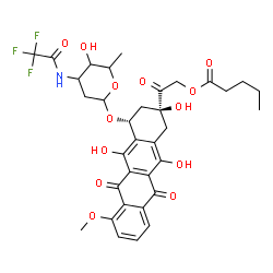 ChemSpider 2D Image | 2-Oxo-2-[(2S,4R)-2,5,12-trihydroxy-7-methoxy-6,11-dioxo-4-({2,3,6-trideoxy-3-[(trifluoroacetyl)amino]hexopyranosyl}oxy)-1,2,3,4,6,11-hexahydro-2-tetracenyl]ethyl valerate | C34H36F3NO13