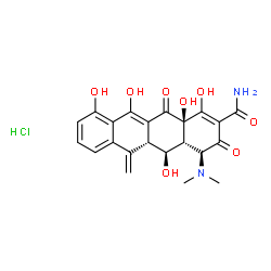 ChemSpider 2D Image | (4S,4aR,5S,5aR,12aR)-4-(Dimethylamino)-1,5,10,11,12a-pentahydroxy-6-methylene-3,12-dioxo-3,4,4a,5,5a,6,12,12a-octahydro-2-tetracenecarboxamide hydrochloride (1:1) | C22H23ClN2O8