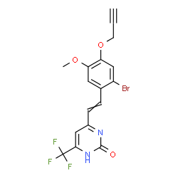 ChemSpider 2D Image | 4-{2-[2-Bromo-5-methoxy-4-(2-propyn-1-yloxy)phenyl]vinyl}-6-(trifluoromethyl)-2(1H)-pyrimidinone | C17H12BrF3N2O3