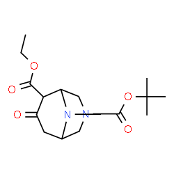 ChemSpider 2D Image | 6-Ethyl 3-(2-methyl-2-propanyl) 9-methyl-7-oxo-3,9-diazabicyclo[3.3.1]nonane-3,6-dicarboxylate | C16H26N2O5