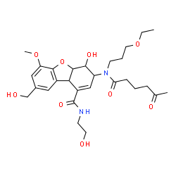 ChemSpider 2D Image | 3-[(3-Ethoxypropyl)(5-oxohexanoyl)amino]-4-hydroxy-N-(2-hydroxyethyl)-8-(hydroxymethyl)-6-methoxy-3,4,4a,9b-tetrahydrodibenzo[b,d]furan-1-carboxamide | C28H40N2O9