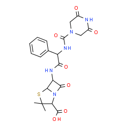 ChemSpider 2D Image | 6-{[{[(3,5-Dioxo-1-piperazinyl)carbonyl]amino}(phenyl)acetyl]amino}-3,3-dimethyl-7-oxo-4-thia-1-azabicyclo[3.2.0]heptane-2-carboxylic acid | C21H23N5O7S