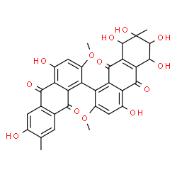 ChemSpider 2D Image | 4,4',5,6,6',7,8-Heptahydroxy-2,2'-dimethoxy-7,7'-dimethyl-5,6,7,8-tetrahydro-1,1'-bianthracene-9,9',10,10'-tetrone | C32H26O13