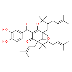 ChemSpider 2D Image | 7-(3,4-Dihydroxybenzoyl)-4,4,10,10-tetramethyl-3,9,11-tris(3-methyl-2-buten-1-yl)-5-oxatricyclo[7.3.1.0~1,6~]tridec-6-ene-8,13-dione | C38H50O6