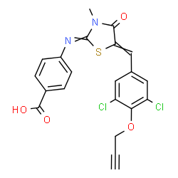 ChemSpider 2D Image | 4-({5-[3,5-Dichloro-4-(2-propyn-1-yloxy)benzylidene]-3-methyl-4-oxo-1,3-thiazolidin-2-ylidene}amino)benzoic acid | C21H14Cl2N2O4S