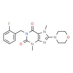 ChemSpider 2D Image | 1-(2-Fluorobenzyl)-3,7-dimethyl-8-(4-morpholinyl)-3,7-dihydro-1H-purine-2,6-dione | C18H20FN5O3