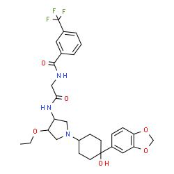 ChemSpider 2D Image | N-[2-({1-[4-(1,3-Benzodioxol-5-yl)-4-hydroxycyclohexyl]-4-ethoxy-3-pyrrolidinyl}amino)-2-oxoethyl]-3-(trifluoromethyl)benzamide | C29H34F3N3O6