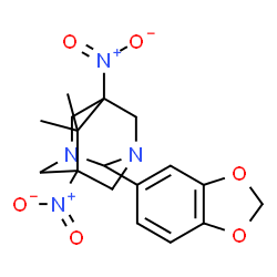 ChemSpider 2D Image | 2-(1,3-Benzodioxol-5-yl)-6,6-dimethyl-5,7-dinitro-1,3-diazatricyclo[3.3.1.1~3,7~]decane | C17H20N4O6