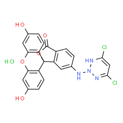 ChemSpider 2D Image | 6-[(4,6-Dichloro-1,2,3-triazin-2(1H)-yl)amino]-3',6'-dihydroxy-3H-spiro[2-benzofuran-1,9'-xanthen]-3-one hydrochloride (1:1) | C23H15Cl3N4O5