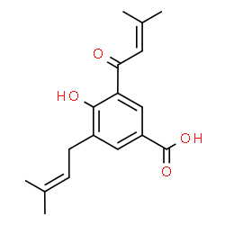 ChemSpider 2D Image | 4-Hydroxy-3-(3-methyl-2-butenoyl)-5-(3-methyl-2-butenyl)benzoic acid | C17H20O4